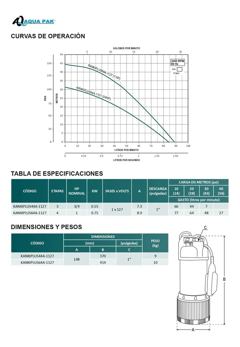 Bomba Presurizadora Sumergible Kanki Plus 1hp 64 Lpm