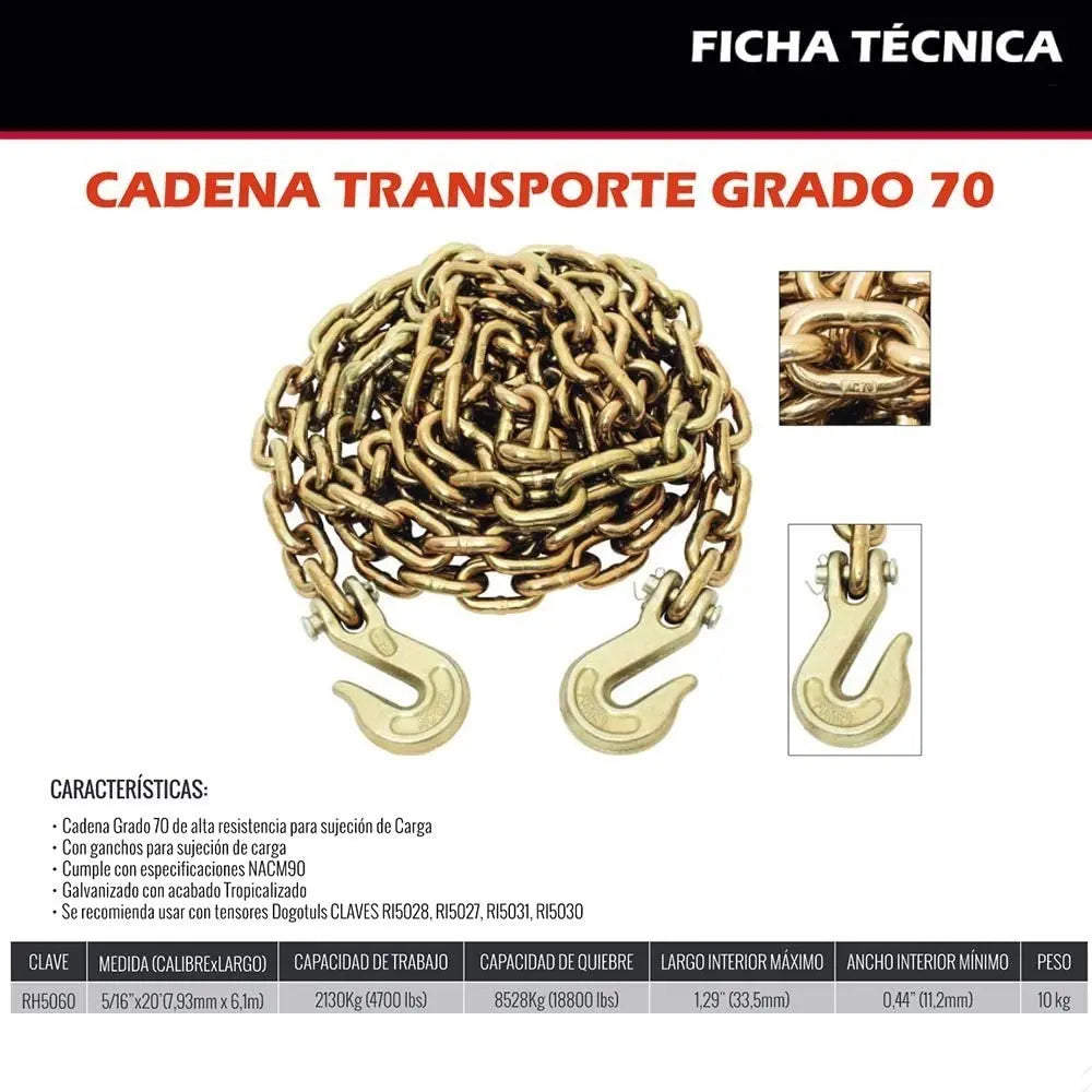 Cadena 3/8 Con Ganchos Grado 70 6.1 Metros