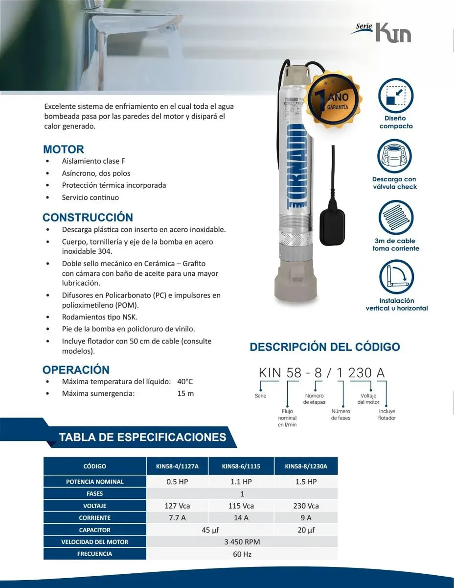 Bomba Sumergible 5 PuLG Tornado Kin58-8/1230a 1.5hp 58 Lpm