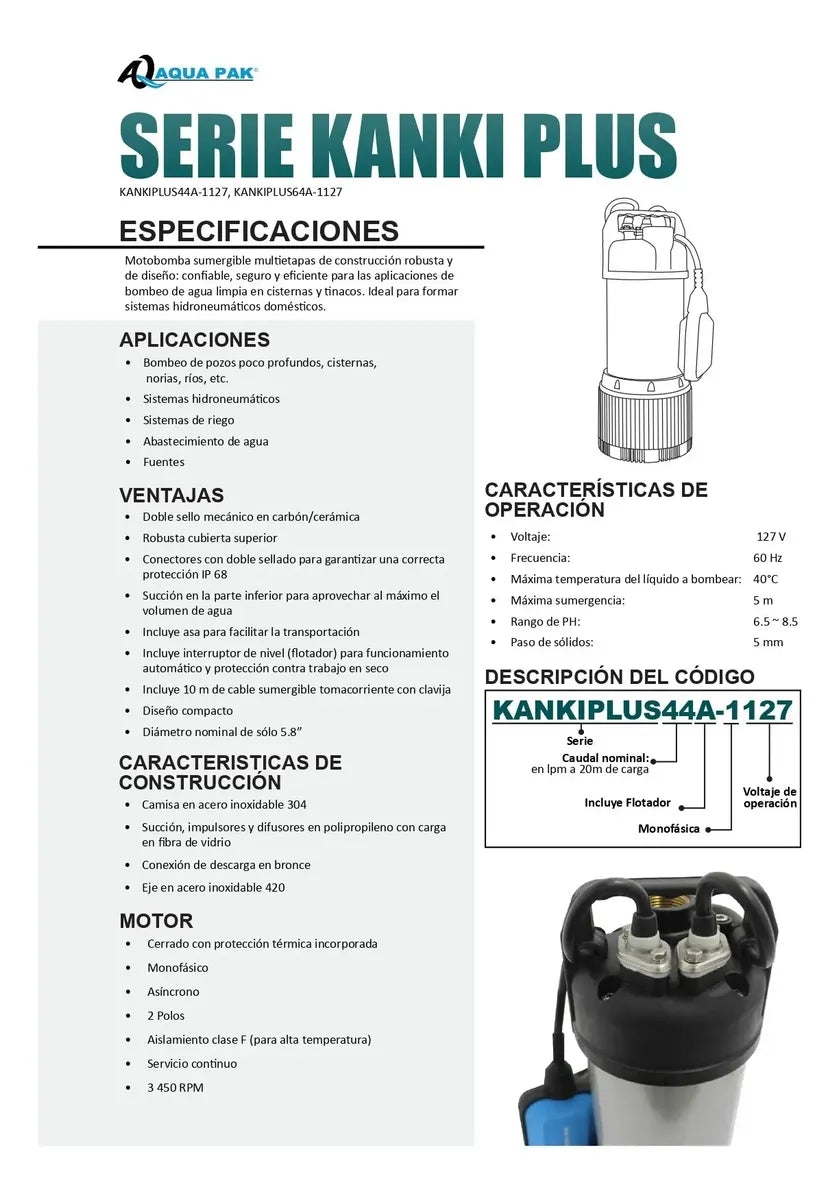 Bomba Presurizadora Sumergible Kanki Plus 1hp 64 Lpm